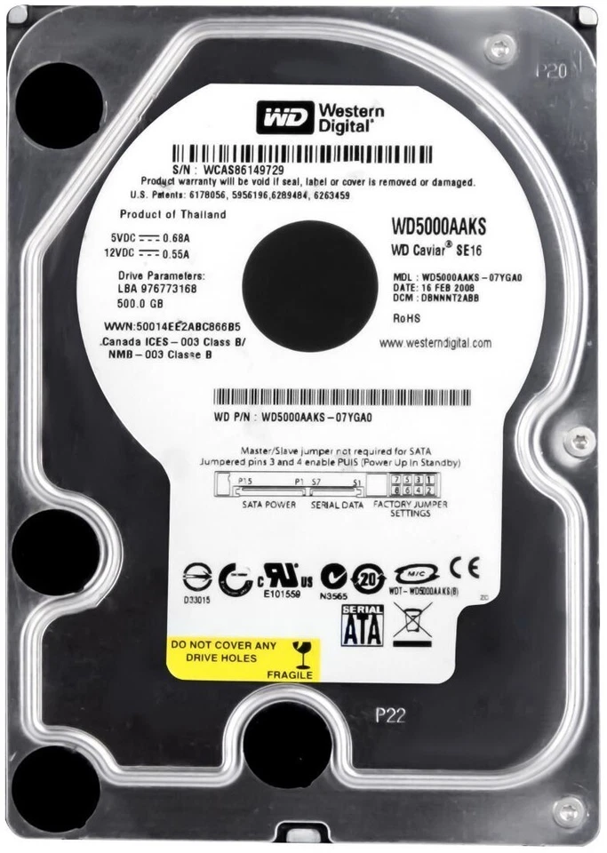 Western Digital Wd5000aaks-75a7b0 DCM Hgrnnt2cbb 500gb 3.5 " SATA disco rigido