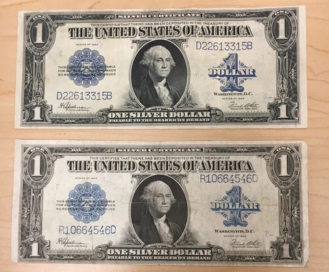 1923 $1.00 BLUE SEAL SILVER CERTIFICATE VG & FINE 2 NOTE LOT RAW BIN FREE SHIP Cover