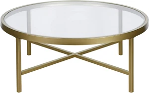 36" Wide round Coffee Table with Glass Top in Brass, Modern Coffee Tables for Li - Picture 1 of 10