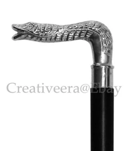 Brass Silver Snake Head Style Handle Cane Solid Wooden Walking Stick Cane Gift - Picture 1 of 7