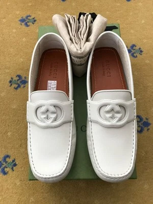 Gucci Leather White Interlocking Shoes Loafers Drivers Mens US 10 UK 9.5 43+ NEW - image 1 of 4