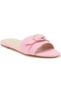 Stuart Weitzman Crystal Buckle Slide Sandal Women’s Size 7 Leather Pink $395 New - Picture 1 of 13