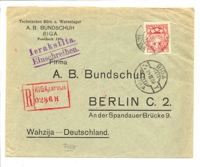 LATVIA 1923 REG COVER TO BERLIN - F/VF  - Image 1 of 2