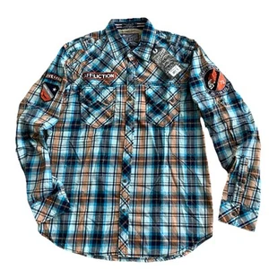 New AFFLICTION Navy Live Fast Seek Destroy Blue Plaid Cotton Shirt Sz L MSRP:$88 - Picture 1 of 9