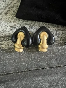 GIVENCHY VINTAGE CLIP ON EARRINGS BLACK HEART SPADE AND BRUSHED GOLD DETAIL - Picture 1 of 4