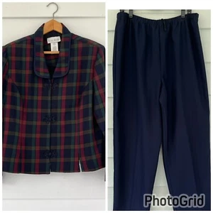 Miss Dorby Polyester Plaid Blazer & Pant Suit 2 Piece Size 18 Navy Exc Cond - Picture 1 of 18