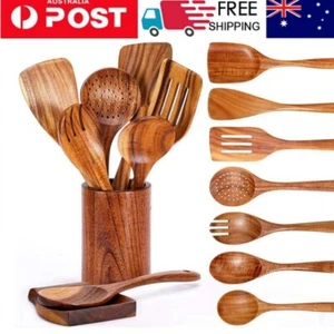 9PCS Wooden Utensils Set For Kitchen Handmade Natural Teak Wooden Cooking Spoons - Picture 1 of 12