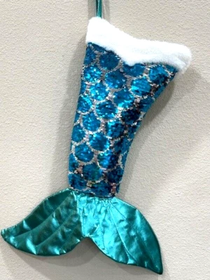 NWOT Christmas Mermaid Tail Sequin Stocking Blue -20 in - Image 1 of 4