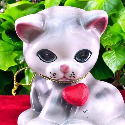 Винтажный Russ Berrie табби котенок фигурка серый керамический w сердце большие глаза MCM 70-х - Изображение 1 из 4