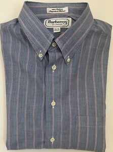 NWOT Burberrys Men’s Long Sleeve Blue Shirt Green Red White Stripe 15 1/2-33 - Picture 1 of 3