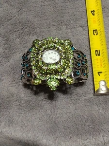 Vintage Green, Blue Gem Stone Turtle Cuff Wrist Watch Bracelet OPC Quartz - Picture 1 of 11