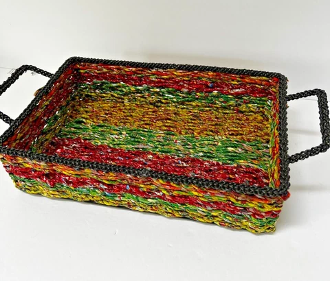 Upcycled Woven Basket, Serving Tray Ornate Wire Handles 12" x 8" Cover