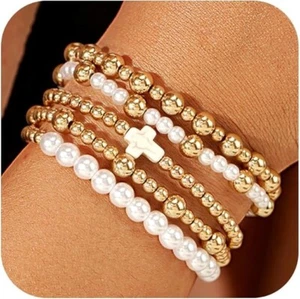 Pulseras Enewton con cuentas de perlas doradas para mujer, perlas doradas apilables elásticas Be... - Imagen 1 de 6