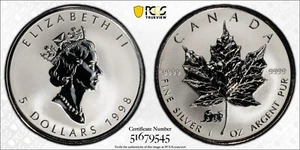 1998 CANADA $5 SILVER MAPLE LEAF TIGER PRIVY MARK 1 OZ COIN - PCGS SP69 - Picture 1 of 5