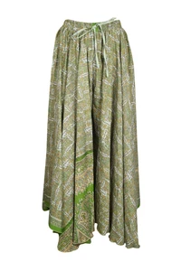 Boho Gypsy Hippy Divided Maxi Skirt Full Flared Green Floral Uneven Skirts ML