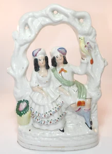 Victorian Staffordshire 10 1/4" Flatback Couple Sitting Under Arch Bower - Picture 1 of 11