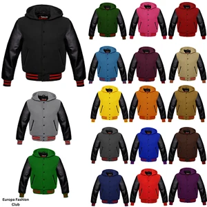 Sudadera con capucha de lana universitaria mangas de cuero negro cómoda chaqueta para hombre - Imagen 1 de 24