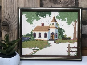 Vtg Cross Stitch Church Woods Lake FINISHED Wood Metal Framed 11"x9" SIGNED RLF  - Picture 1 of 4