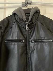 Guess Faux Leather Detachable Hood Jacket Mens M Black Grey Hoodie - Picture 1 of 19