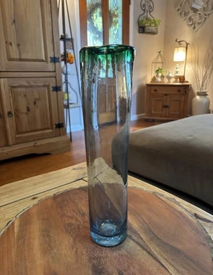 Hand Blown Blue Bubble Mexican Art Glass Vase W/Green Rim Tall Flower Vase 11” - Image 1 of 4