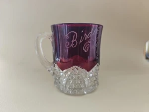 Antique Ruby Red Flash Glass Mug Etches 'Birdie Elizabeth Sep. 3, 1927' GLOWS - Picture 1 of 6