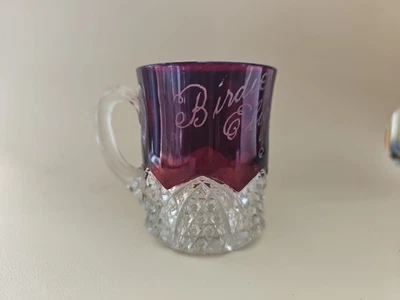 Antique Ruby Red Flash Glass Mug Etches 'Birdie Elizabeth Sep. 3, 1927' GLOWS - Image 1 of 4