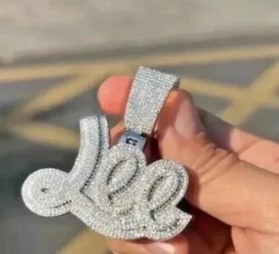 Real Moissanite 3Ct Round Cut Customize Name Pendant 14K White Gold PlatedSilver - Image 1 of 4