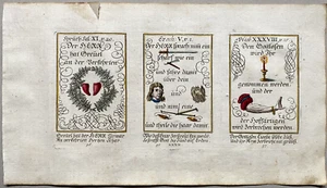 Alkolor geistl Emblemkupfer Bodenehr Verkehrte Herzen Schwert Arm Rebus 1699 - Picture 1 of 4