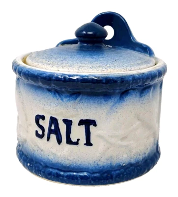 Antique Blue White Stoneware Crock Salt Box With Lid Bird Relief Wall Hanging - Image 1 of 4