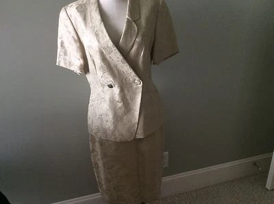 Traje Escada Brocado Dos 2 Piezas 36 Doble Pecho Tostado Seda Lino Chaqueta Falda Foto 1 de 4