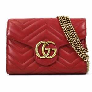 Auth GUCCI GG Marmont Crossbody Shoulder Wallet Bag Red/Gold Leather - r9429a