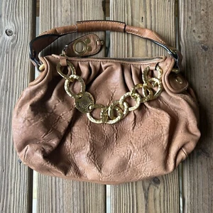 Juicy Couture Y2K Gold Chain Light Brown Tan Leather Zip Top Shoulder Bag Purse - Picture 1 of 16