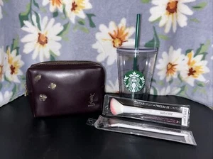 NEW YSL Burgundy Cosmetic Makeup Bag & Starbucks Tumbler & Wet Wild Brushes - Picture 1 of 11