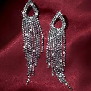 18k white gold gf cz drop dangle stud pearl shaped long tassel earrings 100mm - Picture 1 of 6