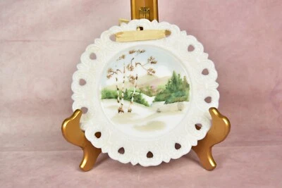 PLACA DE VIDRIO DE LECHE RETICULADA DE COLECCIÓN PINTADA A MANO BOSQUE ESCENA ÁRBOLES Foto 1 de 4