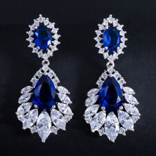 Trendy Royal Blue Cubic Zirconia Chandelier Leaf Long Bridal Dangle Drop Earring