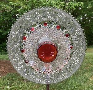 Red & Orange & Clear Lacey Glass Garden Flower Repurposed Suncatcher Yard Art