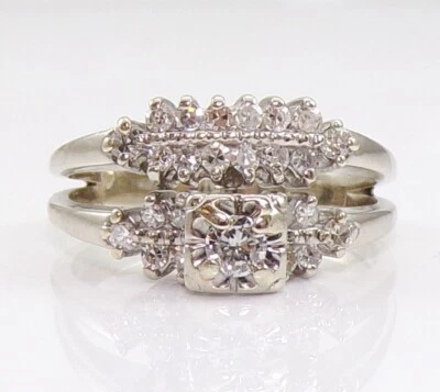 VTG  14K White Gold 0.47ctw Diamond Engagement Wedding Ring Set Sz 8.5 LNG - Image 1 of 4
