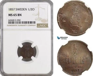 AH146, Sweden, Oscar I, 1/2 Öre 1857, Stockholm Mint, NGC MS65BN - Picture 1 of 1