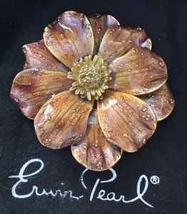 Erwin Pearl Brooch Flower Brown Gold Enamal NIB 2" - Picture 1 of 10