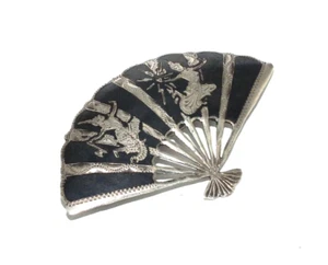 Broche Vintage De Niello En Forma De Abanico De Plata De Siam Ornado Para Damas - Imagen 1 de 7