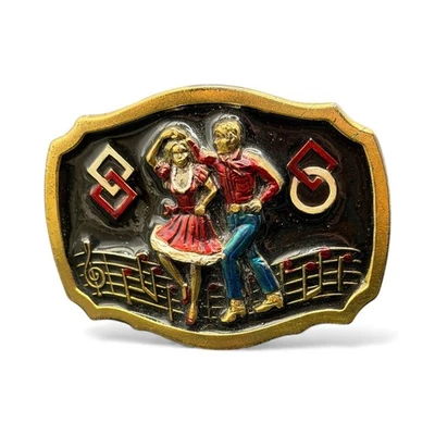 Hebilla de cinturón artesanal de metal Indiana vintage cuadrada pareja de baile latón serie EE. UU. Foto 1 de 4