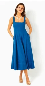 NWT Lilly Pulitzer Calina Linen Midi Dress •Women 00• Barton Blue Fit Flare $278 - Picture 1 of 14