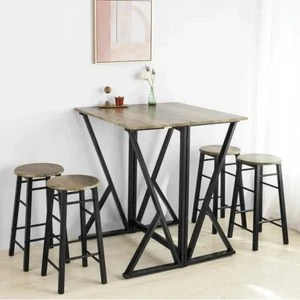 Folding Bar Table Set w/ 4 Stools Industrial Dining Breakfast Wood Top High Desk - Picture 1 of 6