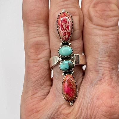 Кольцо из чистого серебра 925 пробы с морским осадком яшмой и королевскими бирюзовыми камнями - Изображение 1 из 4