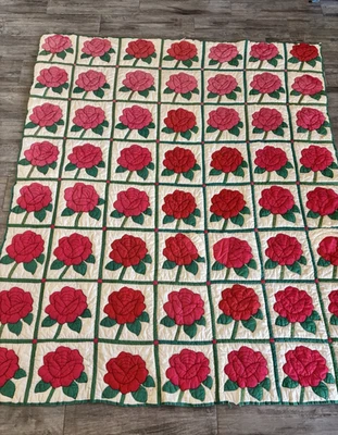 Vintage Cotton Hand Stitched and Quilted Applique RED ROSES Quilt; 62x73" - Image 1 of 4