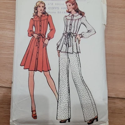 1970’s NEWLOOK SEWING Pattern 8510 Sz 12 Bust 34 Shirt Dress Peplum Flared Pants - Image 1 of 4