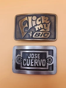 Fibbie per cintura vintage Flick My Bic tono ottone e Jose Cuervo tono argento anni 70 - Foto 1 di 2