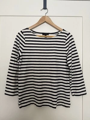 J Crew Top Women Sz M White Blue Stripe Boat Neck Nautical Coastal Preppy Casual - Image 1 of 4
