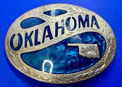 Hebilla de cinturón medallas de diseño de premio con incrustaciones de esmalte azul conmemorativo del estado de Oklahoma Foto 1 de 4